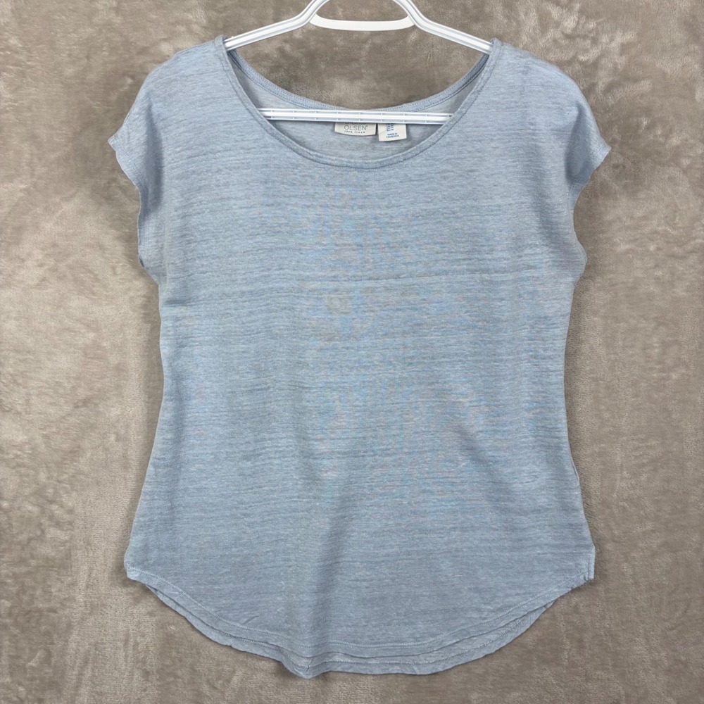 Sigrid Olsen Linen Top Womens M Blue Knit Cap Sleeve Scoop Neck Coastal Summer